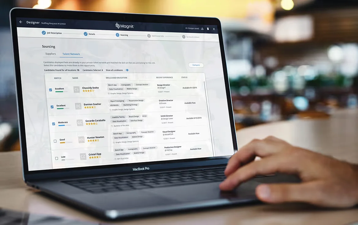 Magnit product visual showing a talent sourcing workflow and candidate matching on a laptop